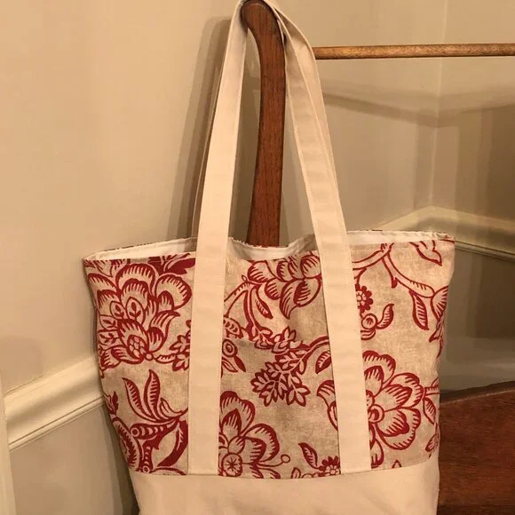 Red & Beige Floral Large Tote Bag / Canvas Fabric Beach Bag Handmade Purse NEW! - Picture 3 of 5